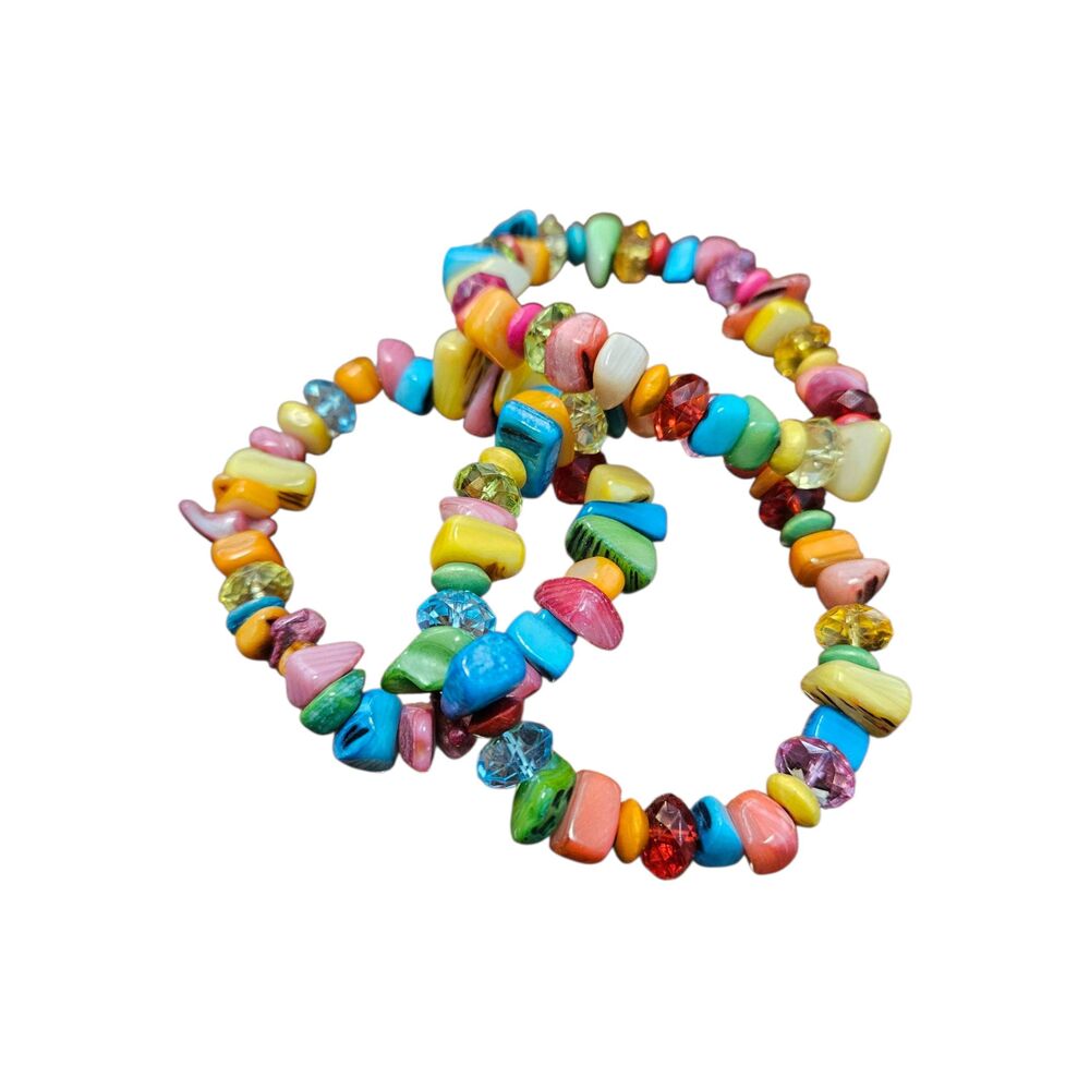Set of 3 Multicolored Stretch Bracelets Polished shell and beads